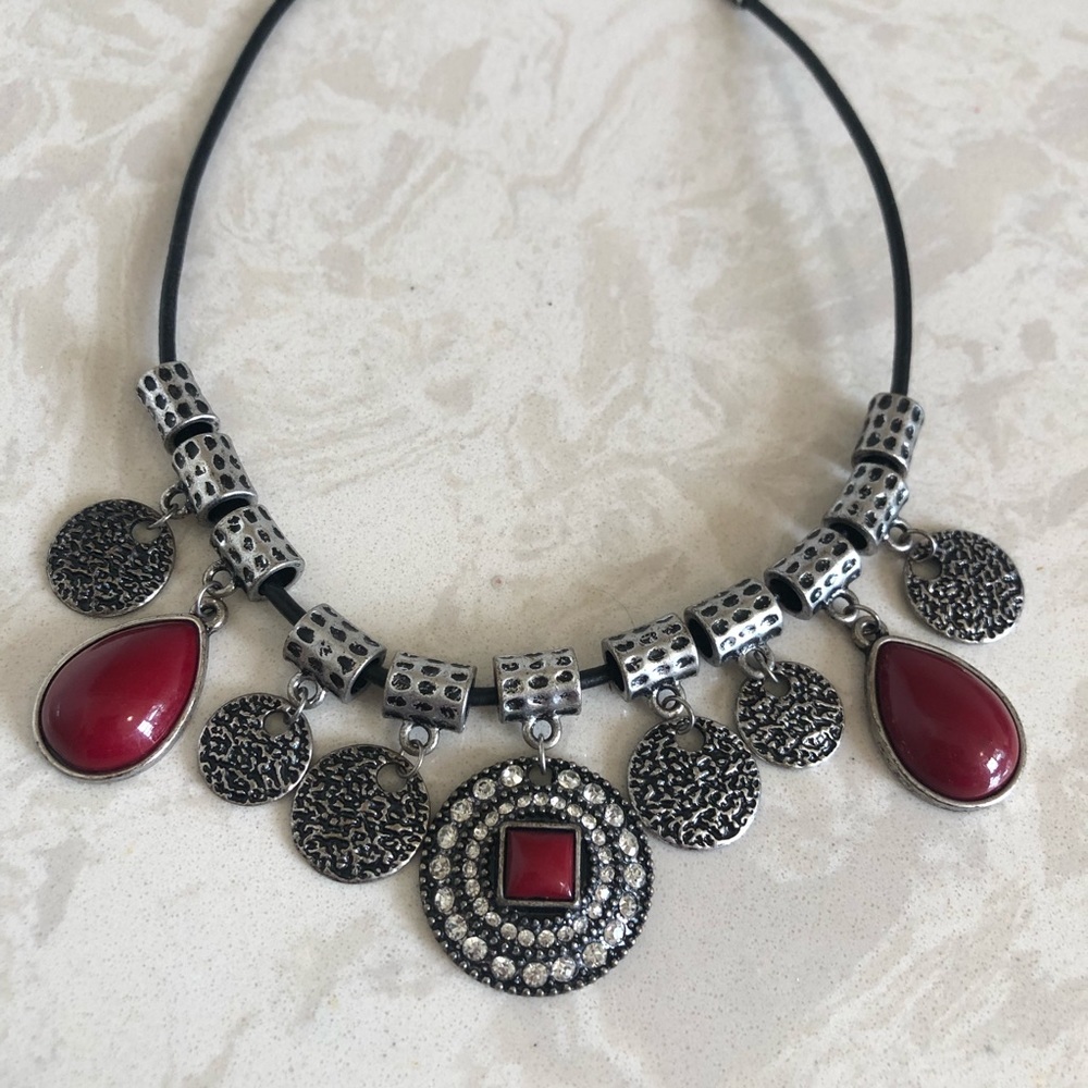 Silver and Red Necklace on Black Cords
